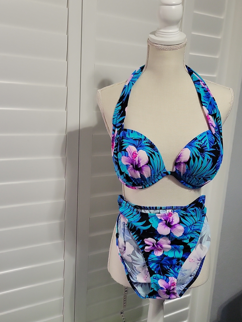 VENUS Blue & Teal Floral 3 Piece Bikini Set with Halter Top, Bottom & Wrap Skirt